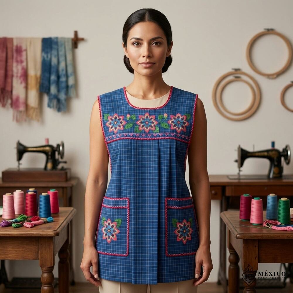 Traditional Mexican Cross-Stitch Embroidered Apron – Deluxe Artisan Smock Style